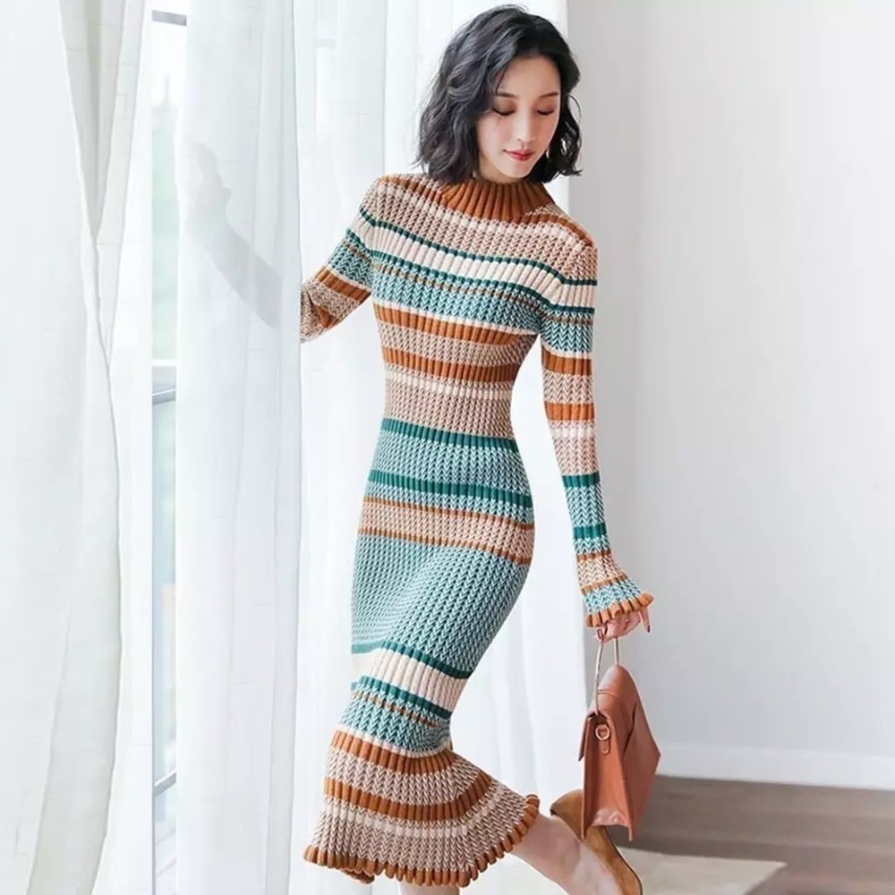 Sweater Dress Full Sleeve Turtleneck Elegant Casual Lady Bodycon Knitted Long